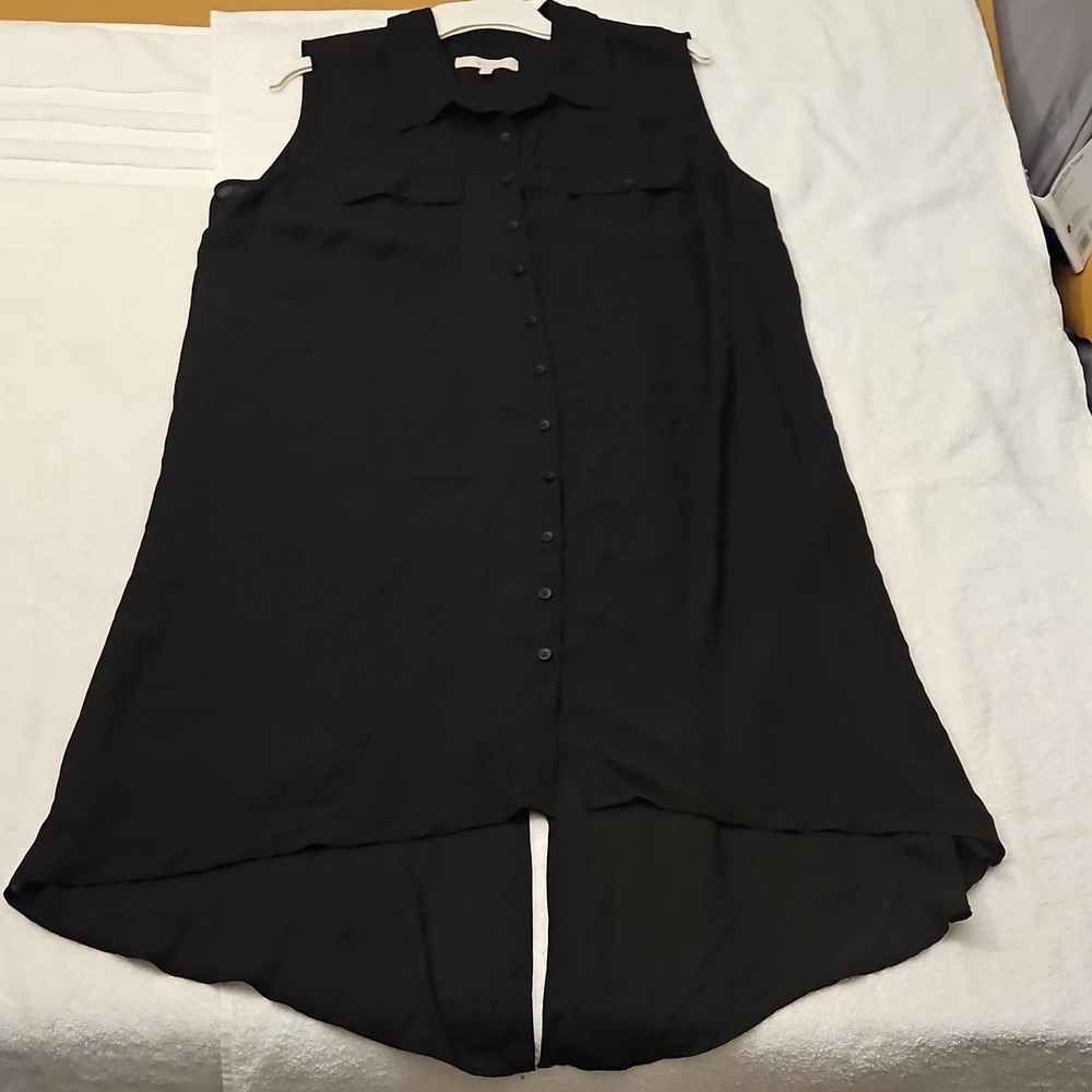 Women's Black Collared Sleeveless Button Tunic Blouse Solid Regular SEJ2936